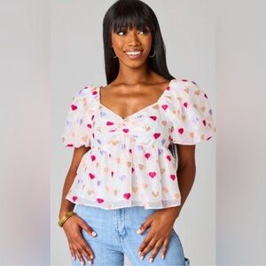 BuddyLove Blakely Peplum Short Sleeve Top‎ Puff Sleeve Hearts NWT Large